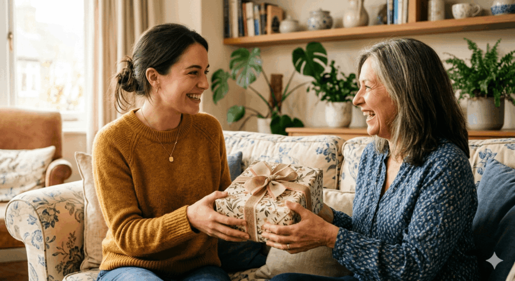 glueckliche Frau ueberreicht ein Geschenk schenken-leicht-gemacht.de Sidebar 1