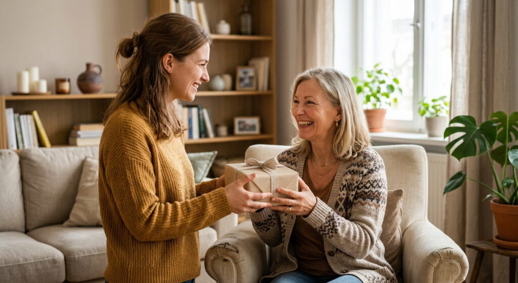 Glückliche Frau schenkt Mutter ein Geschenk schenken-leicht-gemacht.de Sidebar